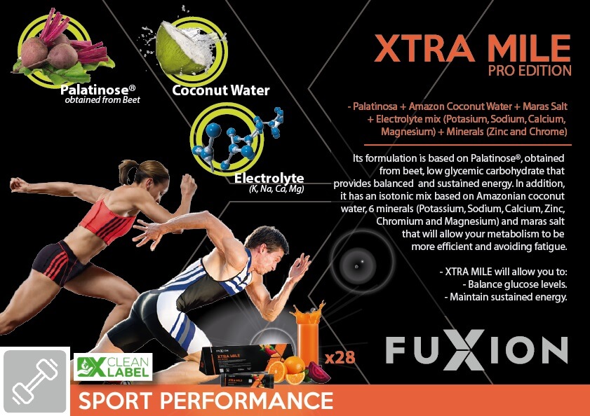 XTRA MILE FUXION USA: palatinose, potassium and magnesium. Sport energizer. Price